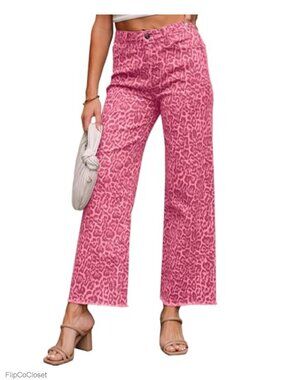 High Waisted Wide Leg Jeans Raw Hem Leopard Print Denim Pants